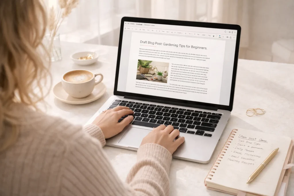 Beginner blogger creating first ebook to grow my blog income in a cozy workspace