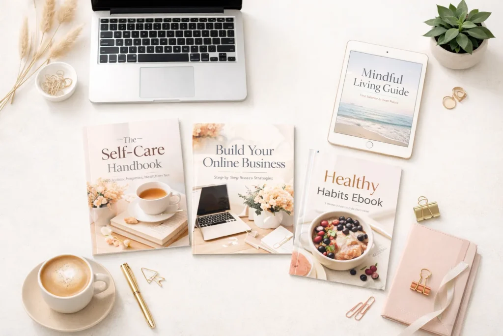 Blogger researching ebook ideas on Pinterest to grow my blog income from home workspace