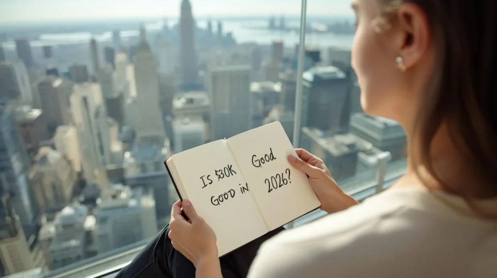 Is $30,000 a year good pay in 2026 with professional thinking on sunny balcony.