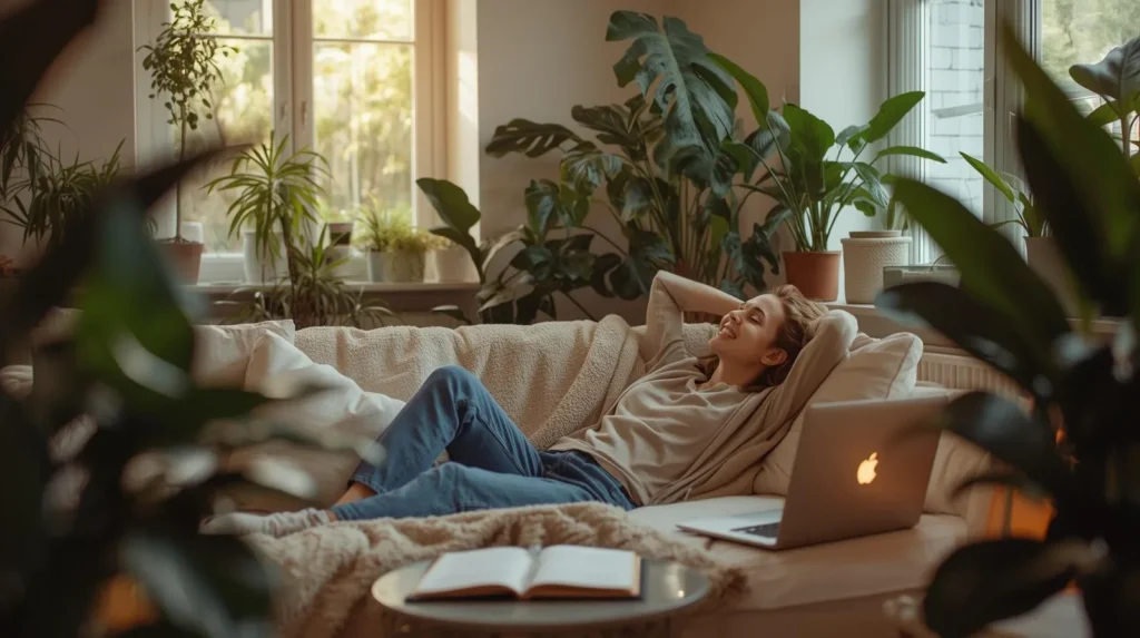 Living comfortably on $30K a year shown in a bright cozy modern apartment.