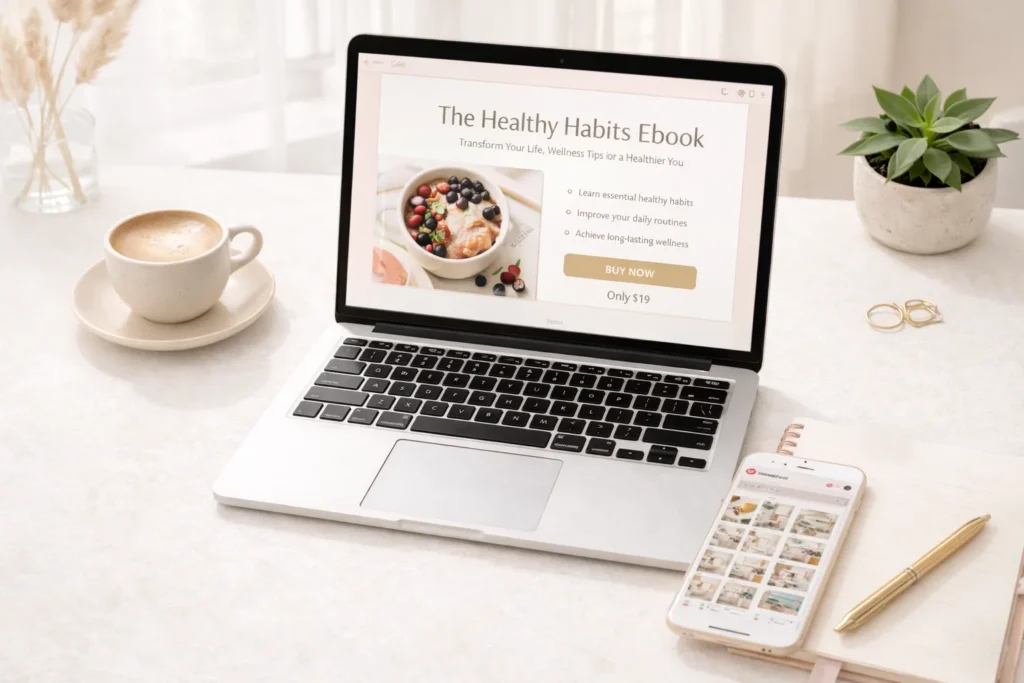 Beginner blogger creating first ebook to grow my blog income in a cozy workspace