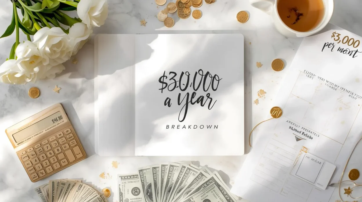 $30,000 a year is how much an hour full breakdown with monthly and weekly pay in elegant aesthetic flat lay.