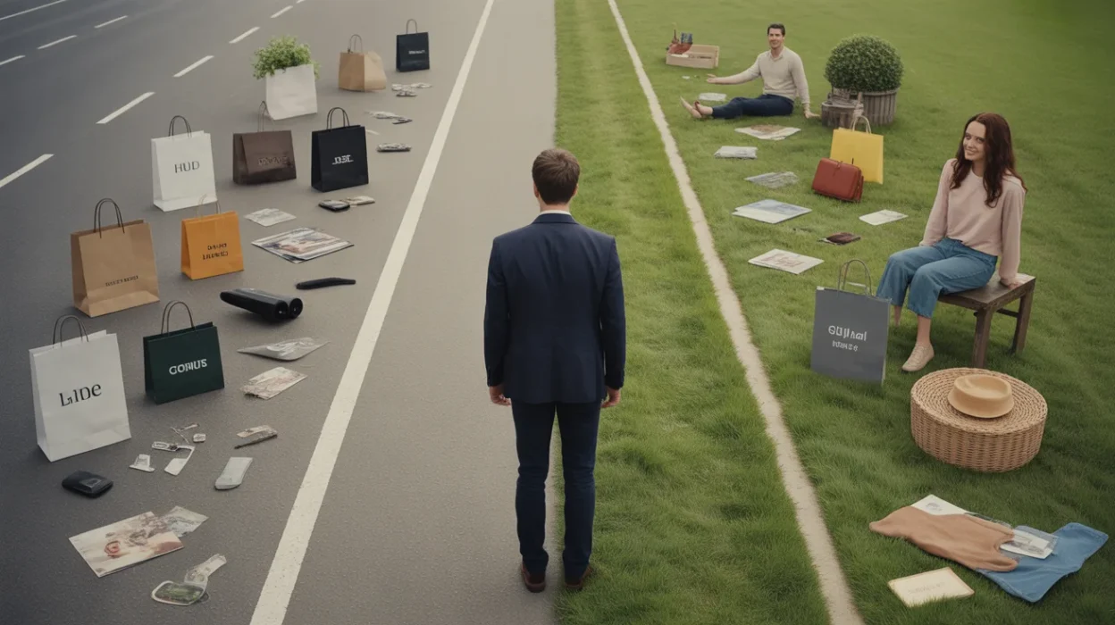 A person choosing between money and meaningful life moments representing the future of happiness