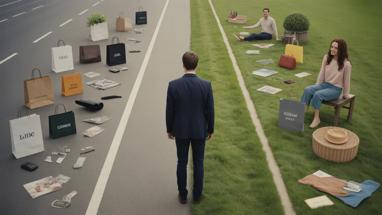 A person choosing between money and meaningful life moments representing the future of happiness