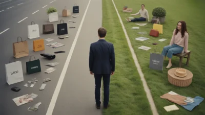 A person choosing between money and meaningful life moments representing the future of happiness