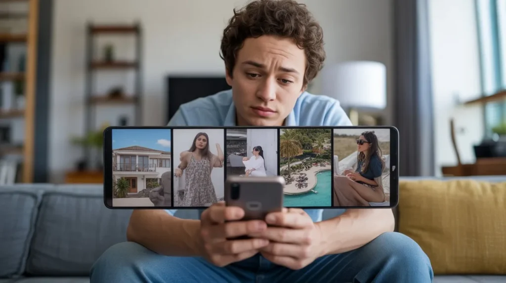 A person scrolling luxury lifestyles on their phone showing why we believe money equals happiness