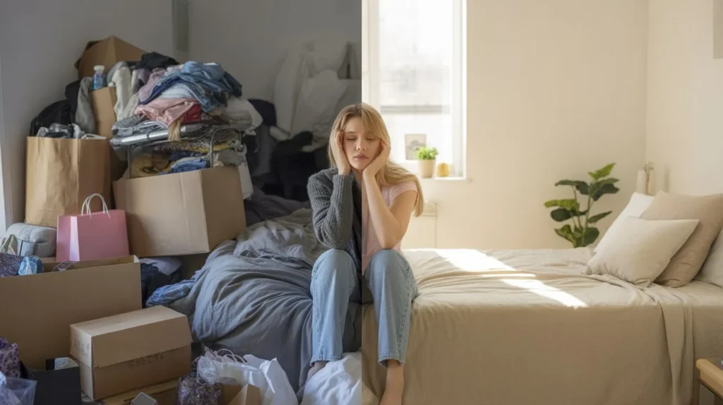 A side-by-side room showing clutter versus minimalism to compare materialism and happiness