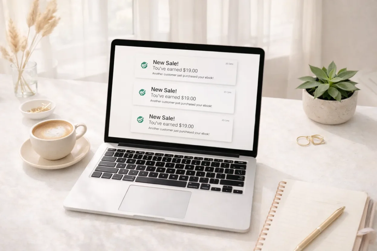 Blogger earning passive income with ebooks to grow my blog income in a peaceful home workspace