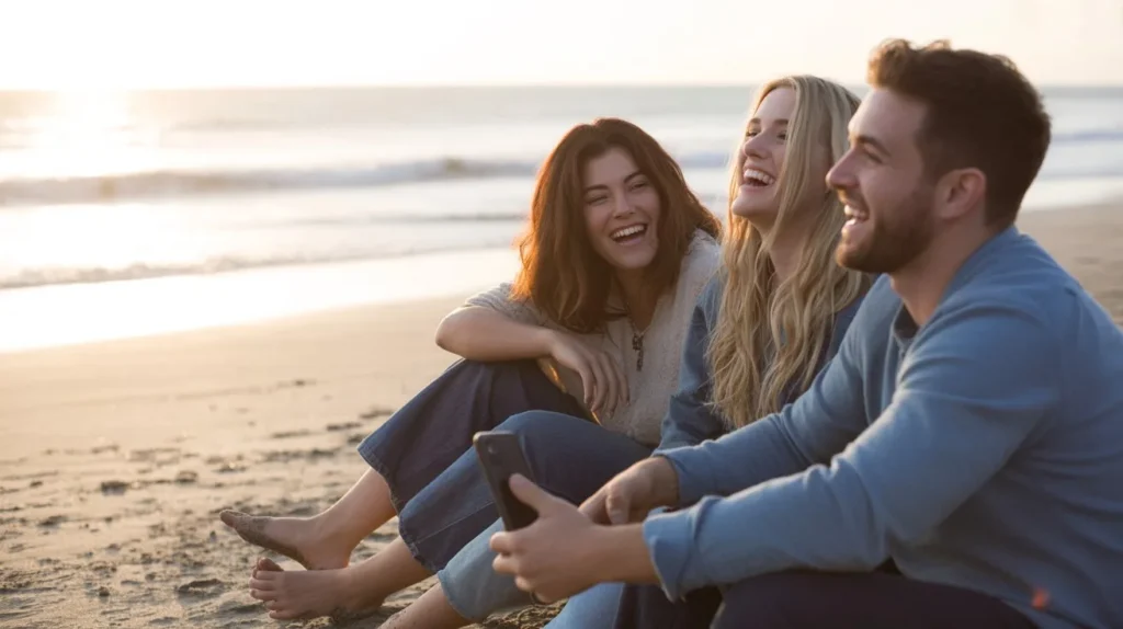 Friends laughing together at sunset showing how experiences bring more joy than material things
