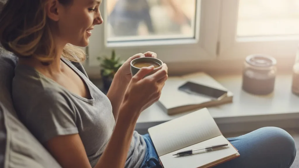 A peaceful morning routine with journaling and tea showing small habits that increase happiness without spending money
